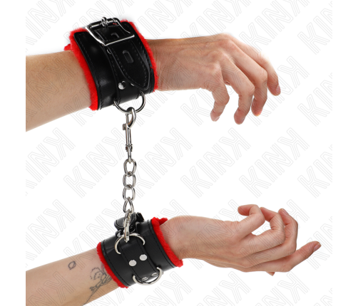 KINK - FUR LINED WRIST RESTRAINTS WITH SQUARE HOLES RED AND BLACK BELT ADJUSTABLE 17-29 CM X 6 CM