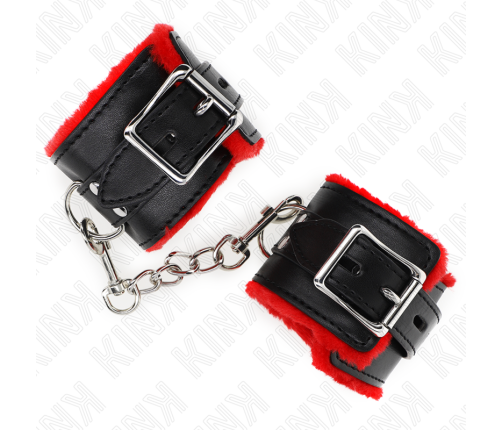 KINK - FUR LINED WRIST RESTRAINTS WITH SQUARE HOLES RED AND BLACK BELT ADJUSTABLE 17-29 CM X 6 CM