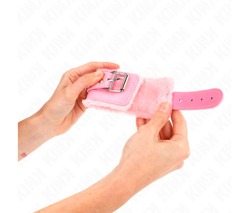 KINK - FUR LINED WRIST RESTRAINTS PINK WITH PINK BELT ADJUSTABLE 17-29 CM X 6 CM