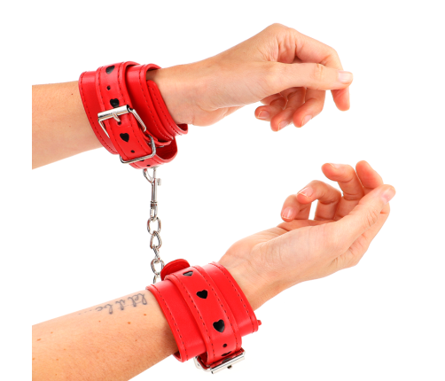KINK - RED WRIST RESTRAINTS WITH BLACK HEART INLAY ADJUSTABLE 21-28 CM X 5.5 CM