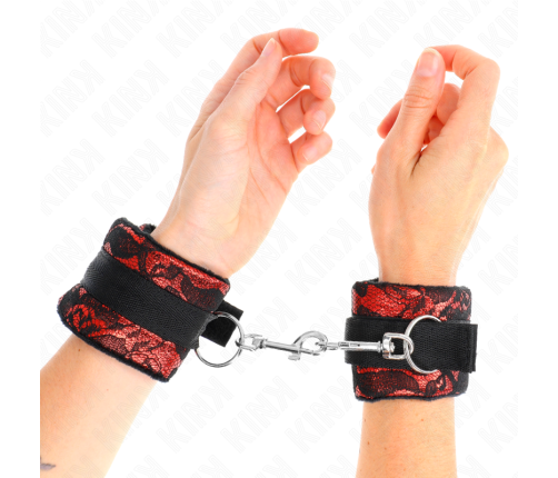 KINK - SHORT VELVET LACE WRIST RESTRAINTS AND NYLON BIND RED / BLACK 23 X 6.5 CM