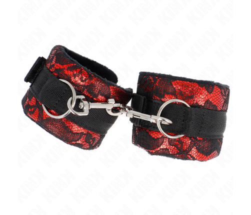 KINK - SHORT VELVET LACE WRIST RESTRAINTS AND NYLON BIND RED / BLACK 23 X 6.5 CM