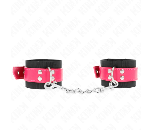 KINK - NYLON WRIST RESTRAINTS BLACK WITH LEATHERETTE BELT RASPBERRY ROSE ADJUSTABLE 19-29 CM X 5.1 CM