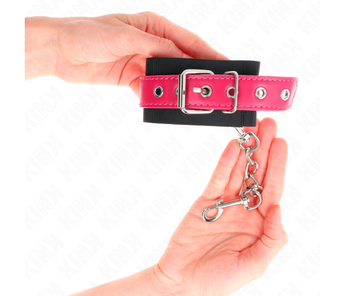 KINK - NYLON WRIST RESTRAINTS BLACK WITH LEATHERETTE BELT RASPBERRY ROSE ADJUSTABLE 19-29 CM X 5.1 CM