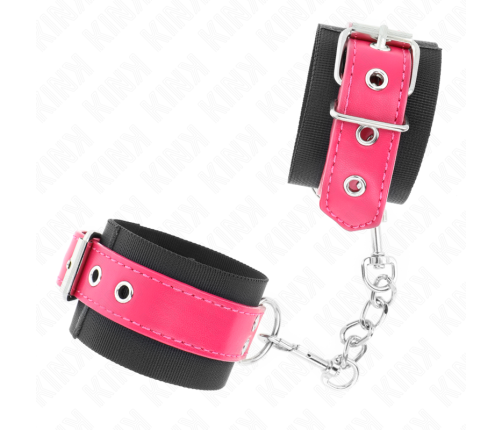 KINK - NYLON WRIST RESTRAINTS BLACK WITH LEATHERETTE BELT RASPBERRY ROSE ADJUSTABLE 19-29 CM X 5.1 CM