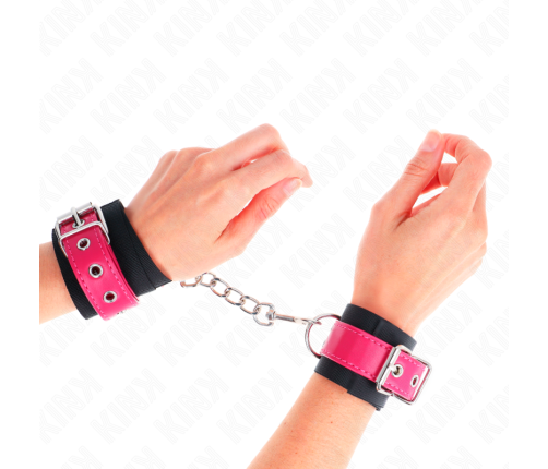 KINK - NYLON WRIST RESTRAINTS BLACK WITH LEATHERETTE BELT RASPBERRY ROSE ADJUSTABLE 19-29 CM X 5.1 CM