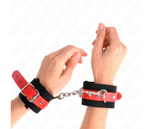 KINK - NYLON WRIST RESTRAINTS BLACK WITH LEATHERETTE RED ADJUSTABLE 19-24 CM X 5.5 CM