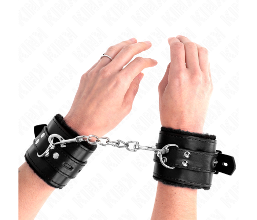 KINK - FUR LINED WRIST RESTRAINTS WITH SQUARE HOLES BLACK AND BLACK BELT ADJUSTABLE 17-29 CM X 6 CM