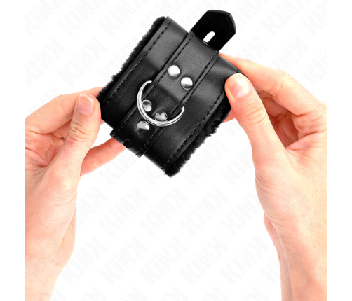 KINK - FUR LINED WRIST RESTRAINTS WITH SQUARE HOLES BLACK AND BLACK BELT ADJUSTABLE 17-29 CM X 6 CM