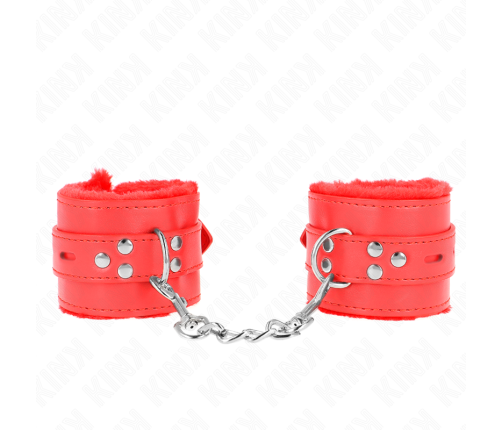 KINK - FUR LINED WRIST RESTRAINTS WITH SQUARE HOLES RED AND RED BELT ADJUSTABLE 17-29 CM X 6 CM