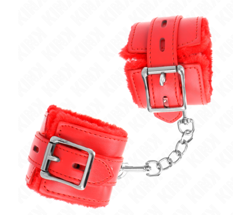 KINK - FUR LINED WRIST RESTRAINTS WITH SQUARE HOLES RED AND RED BELT ADJUSTABLE 17-29 CM X 6 CM