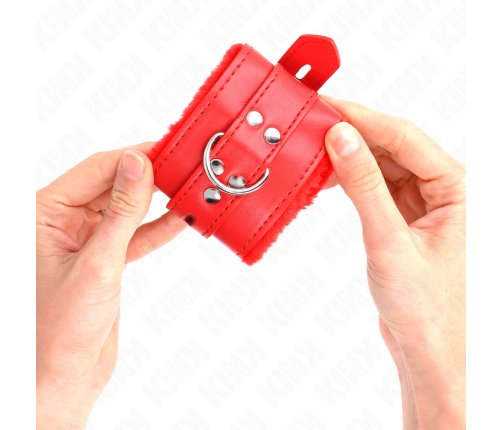 KINK - FUR LINED WRIST RESTRAINTS WITH SQUARE HOLES RED AND RED BELT ADJUSTABLE 17-29 CM X 6 CM