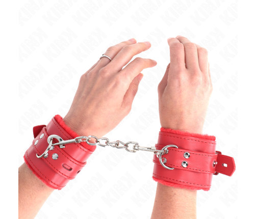 KINK - FUR LINED WRIST RESTRAINTS WITH SQUARE HOLES RED AND RED BELT ADJUSTABLE 17-29 CM X 6 CM