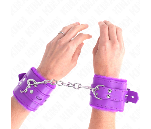 KINK - FUR LINED WRIST RESTRAINTS WITH SQUARE HOLES PURPLE AND PURPLE BELT ADJUSTABLE 17-29 CM X 6 CM