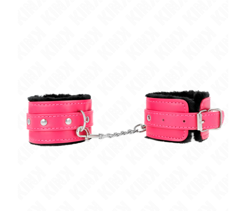 KINK - PREMIUM FUR LINED WRIST RESTRAINTS BLACK WITH RASPBERRY ROSE BELT ADJUSTABLE 17-29 CM X 6 CM