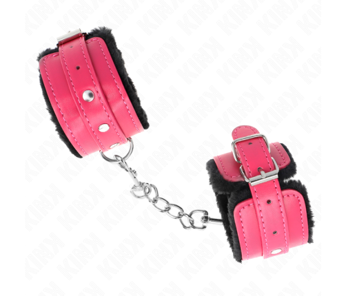 KINK - PREMIUM FUR LINED WRIST RESTRAINTS BLACK WITH RASPBERRY ROSE BELT ADJUSTABLE 17-29 CM X 6 CM