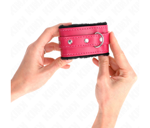 KINK - PREMIUM FUR LINED WRIST RESTRAINTS BLACK WITH RASPBERRY ROSE BELT ADJUSTABLE 17-29 CM X 6 CM