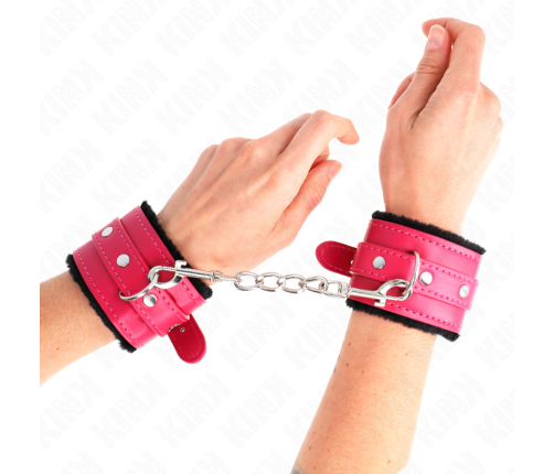 KINK - PREMIUM FUR LINED WRIST RESTRAINTS BLACK WITH RASPBERRY ROSE BELT ADJUSTABLE 17-29 CM X 6 CM
