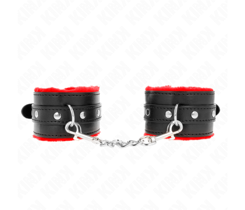 KINK - PREMIUM FUR LINED WRIST RESTRAINTS RED WITH BLACK BELT ADJUSTABLE 17-29 CM X 6 CM