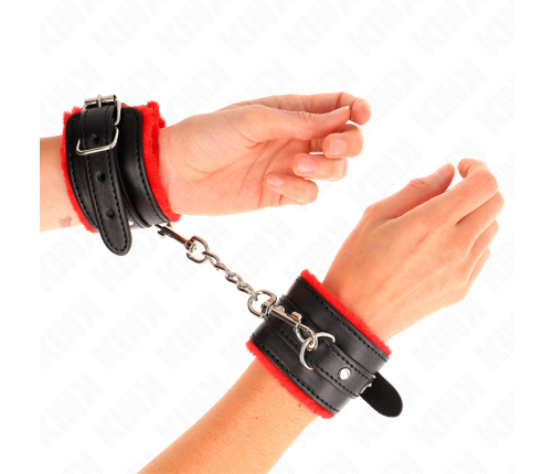 KINK - PREMIUM FUR LINED WRIST RESTRAINTS RED WITH BLACK BELT ADJUSTABLE 17-29 CM X 6 CM