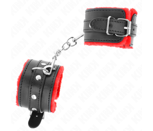 KINK - PREMIUM FUR LINED WRIST RESTRAINTS RED WITH BLACK BELT ADJUSTABLE 17-29 CM X 6 CM