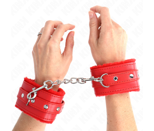 KINK - PREMIUM FUR LINED WRIST RESTRAINTS RED WITH RED BELT ADJUSTABLE 17-29 CM X 6 CM