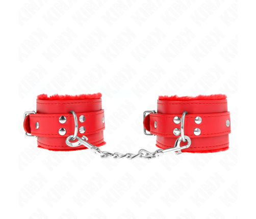 KINK - FUR LINED WRIST RESTRAINTS RED WITH RED BELT ADJUSTABLE 17-29 CM X 6 CM