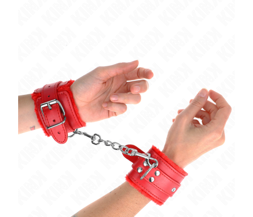 KINK - FUR LINED WRIST RESTRAINTS RED WITH RED BELT ADJUSTABLE 17-29 CM X 6 CM