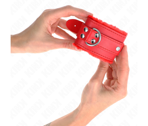 KINK - FUR LINED WRIST RESTRAINTS RED WITH RED BELT ADJUSTABLE 17-29 CM X 6 CM