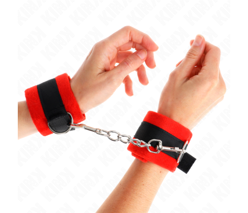 KINK - BEGINNER FUR HAND CUFFS BLACK-RED 30 X 7 CM