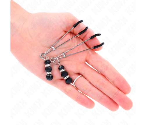 KINK - GOLD THIN NIPPLE CLAMPS WITH 3 BLACK GLASS BEADS 7 CM