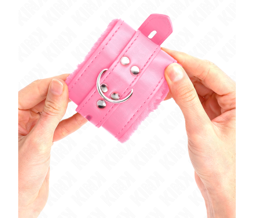 KINK - FUR LINED WRIST RESTRAINTS WITH SQUARE HOLES PINK AND PINK BELT ADJUSTABLE 17-29 CM X 6 CM