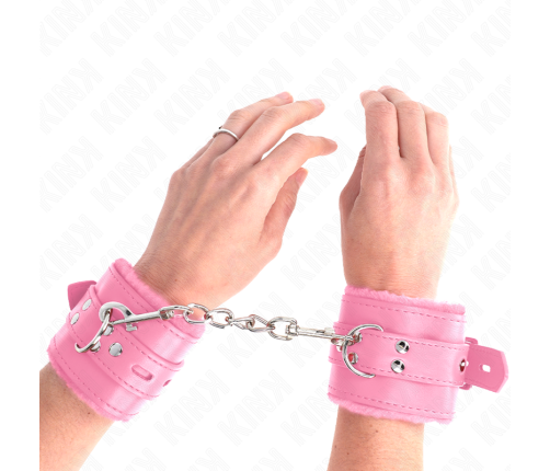 KINK - FUR LINED WRIST RESTRAINTS WITH SQUARE HOLES PINK AND PINK BELT ADJUSTABLE 17-29 CM X 6 CM