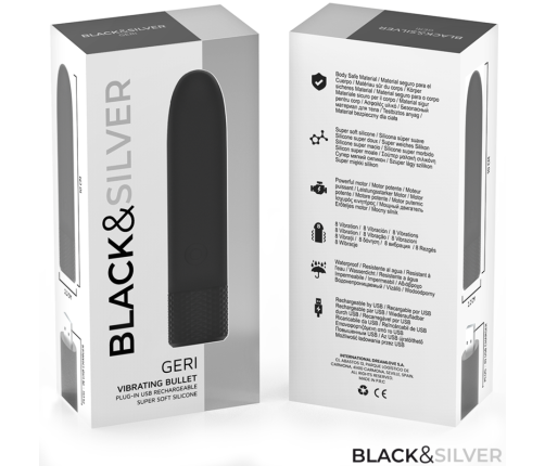 BLACK & SILVER - GERI USB RECHARGEABLE VIBRATING BULLET 8 VIBRATIONS BLACK 10 X 2.2 CM
