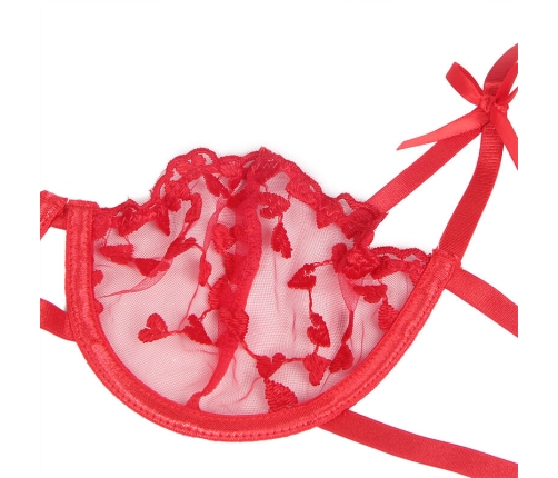 SUBBLIME - 954321 HEART PRINT BRA + THONG + GARTER BELT RED S/M