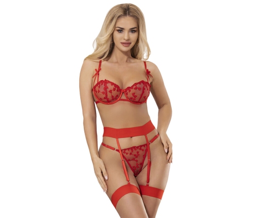 SUBBLIME - 954321 HEART PRINT BRA + THONG + GARTER BELT RED S/M