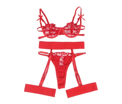 SUBBLIME - 954321 HEART PRINT BRA + THONG + GARTER BELT RED S/M