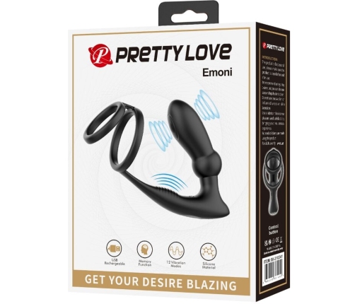 PRETTY LOVE - EMONI PENIS RING + ANAL PLUG 12 VIBRATIONS BLACK