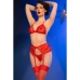 CHILIROSE - CR 4848 RED LACE BRA + THONG + STOCKINGS SET L