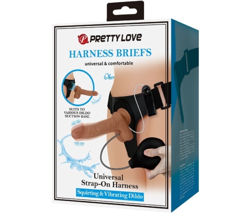 PRETTY LOVE - UNIVERSAL HARNESS BRIEFS WITH VIBRATING AND SQUIRTING DILDO 15.5 CM MULATO