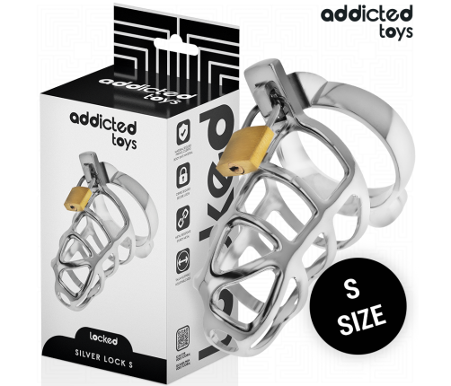 ADDICTED TOYS LOCKED - SILVER LOCK METAL PENIS CAGE SIZE S