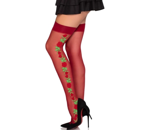 LEG AVENUE - 1957 GARTER BELT STOCKINGS WITH RED FLOWERS - ONE SIZE