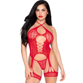 LEG AVENUE - 89338 LACE OPEN BODYSUIT WITH GARTER BELT + THONG RED - ONE SIZE LEG AVENUE - 89338 LACE OPEN BODYSUIT WITH GARTER BELT + THONG RED - ONE SIZE