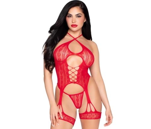 LEG AVENUE - 89338 LACE OPEN BODYSUIT WITH GARTER BELT + THONG RED - ONE SIZE