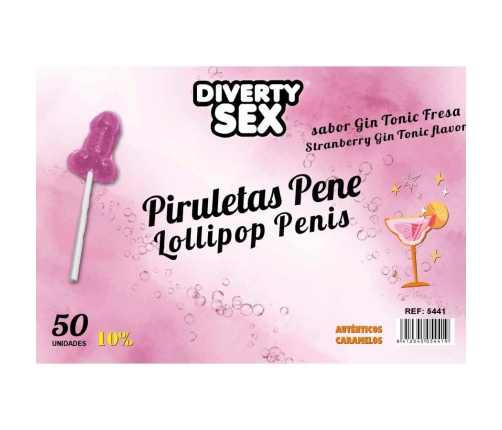 DIABLO GOLOSO - 50 PENIS LOLLIPOPS GIN TONIC STRAWBERRY FLAVOR 10% ALCOHOL