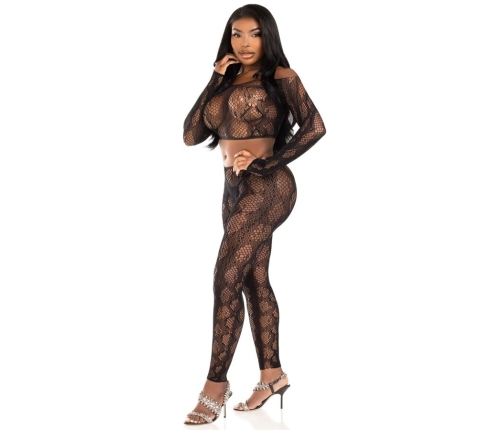 LEG AVENUE - 89373 PYTHON CROP TOP & FOOTLESS TIGHTS BLACK - ONE SIZE