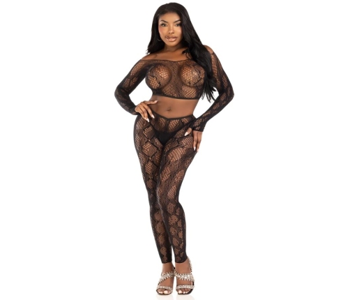 LEG AVENUE - 89373 PYTHON CROP TOP & FOOTLESS TIGHTS BLACK - ONE SIZE