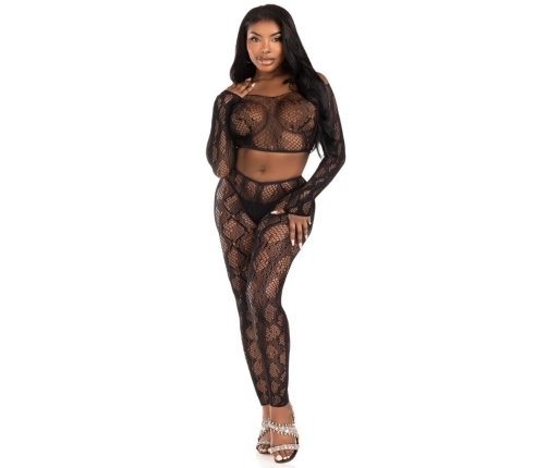 LEG AVENUE - 89373 PYTHON CROP TOP & FOOTLESS TIGHTS BLACK - ONE SIZE