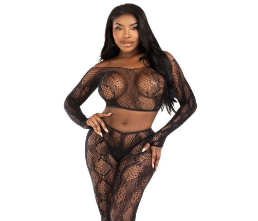 LEG AVENUE - 89373 PYTHON CROP TOP & FOOTLESS TIGHTS BLACK - ONE SIZE