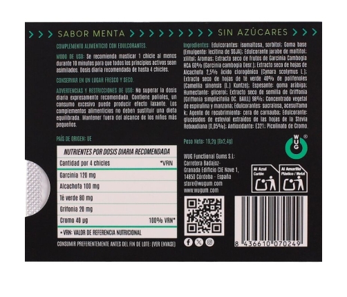 WUG DIET - SUGAR-FREE FUNCTIONAL MINT GUM BLISTER 8 PCS